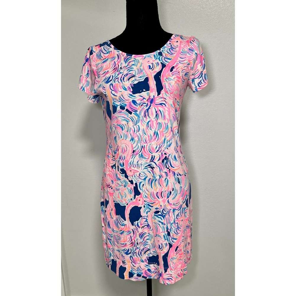 Lilly Pulitzer‎ T-Shirt Dress Womens XS Pink Blue Excellent Flamingo Pima Cotton